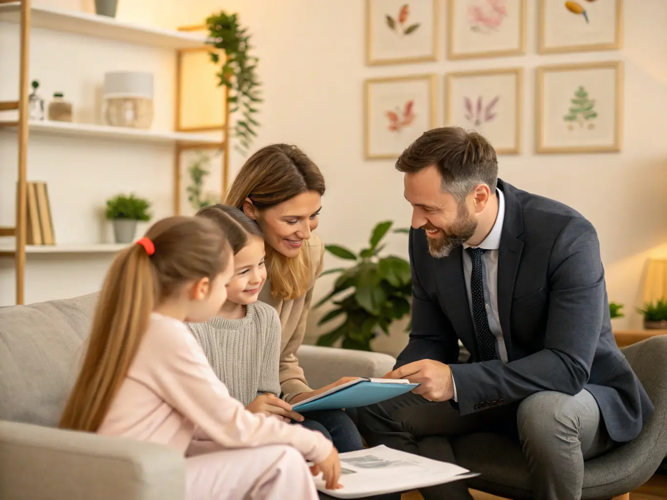 Image depicting a family meeting with legal documents, symbolizing family law.